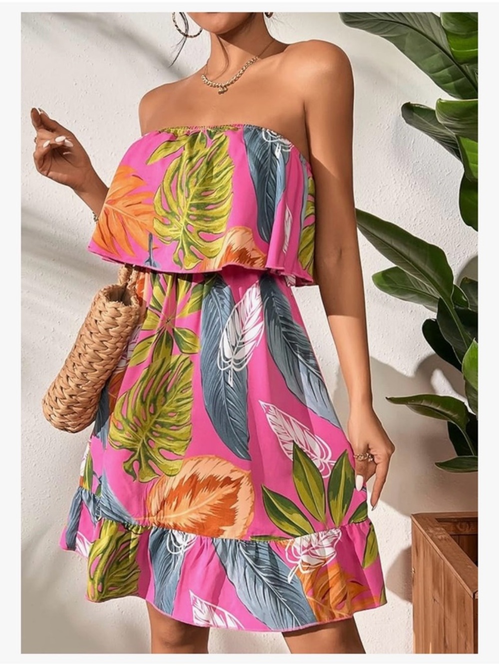 Soly Hux Strapless Tropical Print Dress in Hot Pink